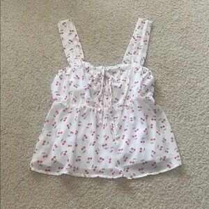 🍒 Cherry Print White Sleeveless Babydoll  Top Blouse L